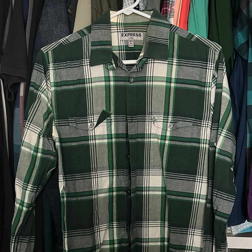 Express Men's Green and White Plaid Casual Button Up Shirt